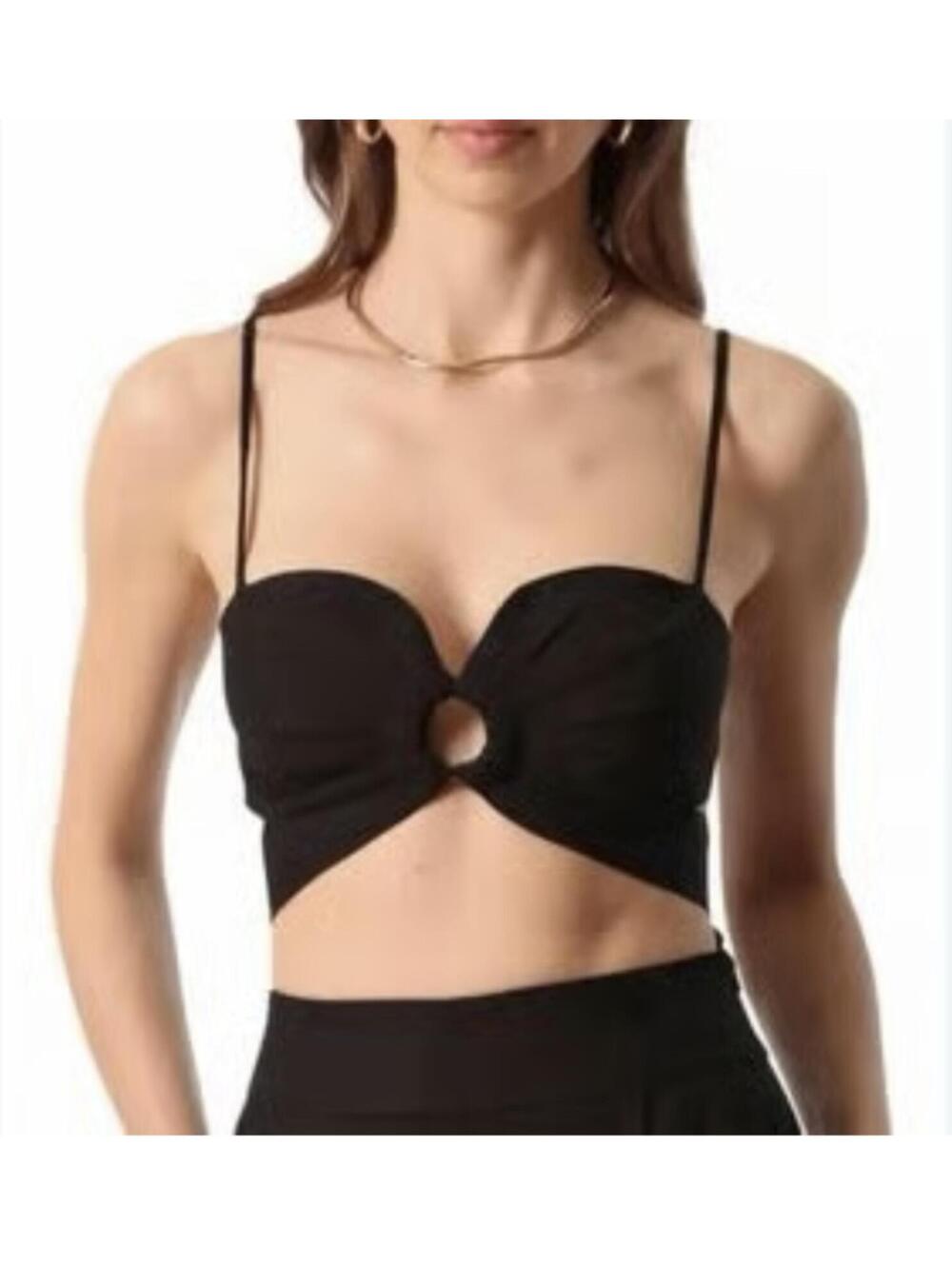 7 For All Mankind Black Linen Blend Ring Front Tie Back Crop Top Bralette M